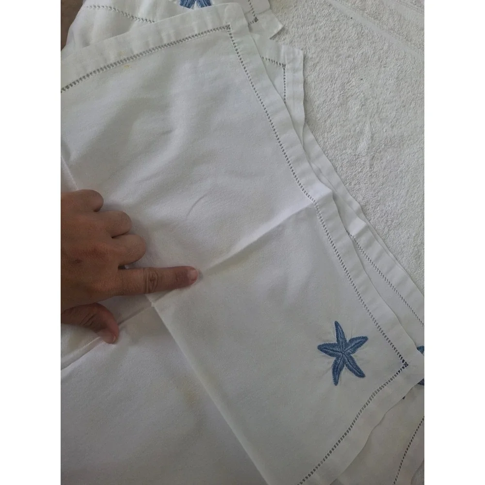 Vintage White Linen Starfish Embroidered Hemstitch Napkins Set of 9 Coastal Blue